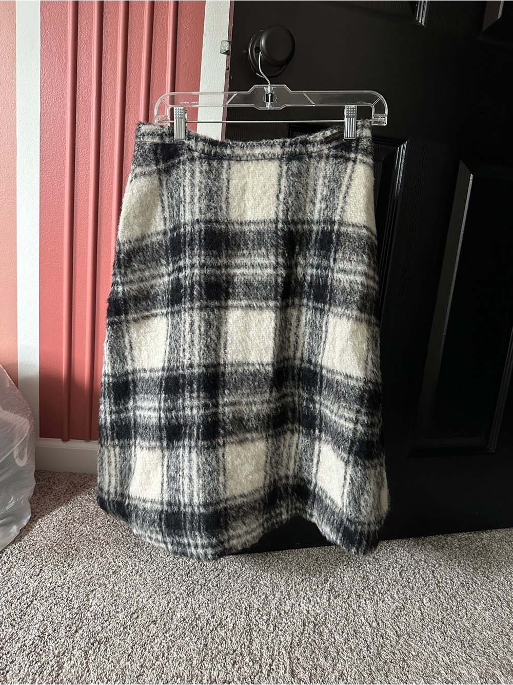 Pink Tartan Black and White Plaid A-Line Midi Skirt